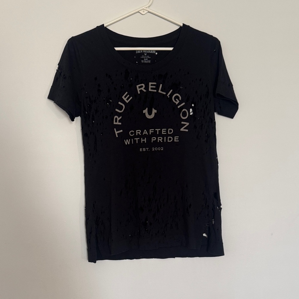 True Religion Distressed Black Short Sleeve Tee
